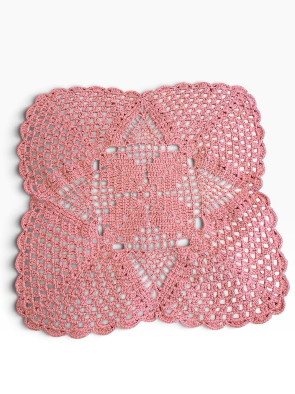 Handmade Pink Crochet Square Doily Tablecloth Accent 17 x 17 Scalloped